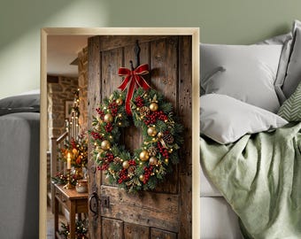 Christmas Wreath Print, Rustic Christmas Door Decor, Festive Wreath Wall Art, Traditional Holiday Home Decor