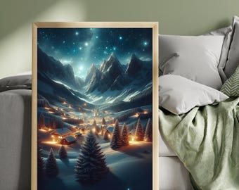 Christmas Valley Night Print, Snowy Mountain Village Wall Art, Moonlit Winter Landscape, Cosy Christmas Decor, Festive Wall Art