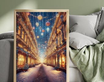 Christmas Lights Festival Print, Snowy Christmas Street Art, Festive Shopfronts, Glowing Bauble Lights, Winter Wall Decor
