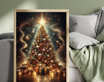 Christmas Tree Magic Print, Gold Christmas Wall Art, Magical Christmas Tree Poster, Festive Holiday Decor