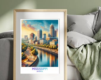 Mississippi America Travel Poster, lebendiges Stadtbild, Wandkunst