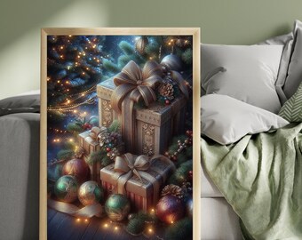 Christmas Gift Wonderland Print, Elegant Christmas Presents, Festive Gift Boxes, Christmas Tree Decor, Winter Holiday Wall Art