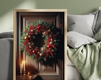 Christmas Wreath Wall Art Print, Traditional Festive Door Decor, Red Gold Woodland Christmas Artwork, Elegant Winter Home Decoration
