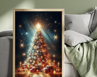 Christmas Tree Print, Blue Christmas Wall Art, Festive Tree Poster, Christmas Baubles & Lights, Holiday Home Decor