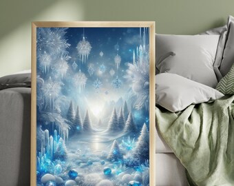 Cuadro navideño "País de las Maravillas Invernal", lámina de bosque de cristales de hielo azul, árboles de Navidad nevados, decoración mágica de invierno.