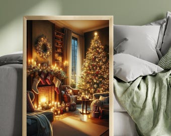 Cosy Christmas Fireplace & Tree Print, Festive Winter Home Decor