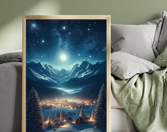 Christmas Valley Village Print, Snowy Mountain Christmas Scene, Moonlit Winter Landscape, Cosy Village Wall Art, Holiday Decor