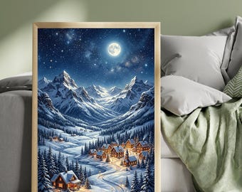 Christmas Night Sky Print, Snowy Mountain Village Wall Art, Moonlit Winter Landscape, Cosy Christmas Decor, Festive Village Poster