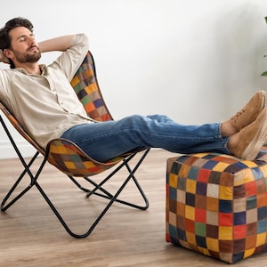Leather Patchwork Butterfly Chair and Pouf Set, Handmade Multicolor Boho Lounge Ottoman (Unfilled)