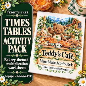 Actividad de matemáticas para niños, práctica de tablas de multiplicar para preescolar y jardín de infancia. Hoja de trabajo divertida de Teddy's Café para niños (descarga digital).
