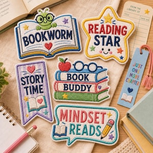 Reading Patch, Bookworm Embroidered Patch, Book Buddy Backpack Patch, Teacher Librarian Student Gift