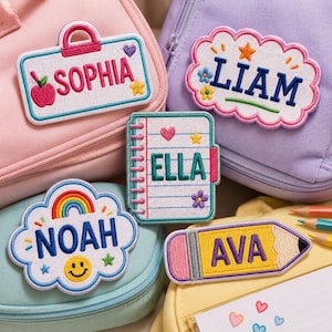 May include: Five embroidered patches featuring names: SOPHIA on a white rectangular tag with an apple, LIAM on a white scalloped cloud, ELLA on a white spiral notebook, NOAH on a white cloud with a rainbow and smiley face, and AVA on a yellow pencil.
