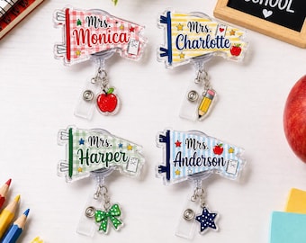 Personalized Teacher Pennant Badge Reel, Custom Acrylic Name ID Holder with Charm, Back to School Gift
