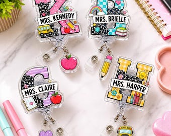 Personalized Initial Teacher Badge Reel, Custom Acrylic Name ID Holder with Charm, Back to School Gift