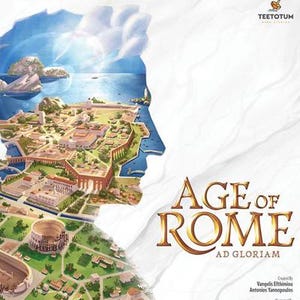 May include: A board game box cover titled Age of Rome Ad Gloriam. The artwork features a stylised silhouette of a Roman profile filled with a detailed illustration of an ancient city, a coastal landscape, and a colosseum on a white background.