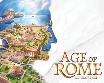 Pode incluir: Uma capa de caixa de jogo de tabuleiro intitulada Age of Rome Ad Gloriam. A arte apresenta uma silhueta estilizada de um perfil romano preenchida com uma ilustração detalhada de uma cidade antiga, uma paisagem costeira e um coliseu.