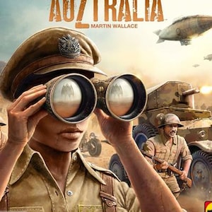 May include: The board game box cover for AuZtralia by Martin Wallace features a person in a tan military uniform looking through binoculars. The title AuZtralia is at the top. A tank, a soldier with a rifle, and an airship are in the background.