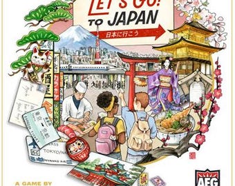 Pode incluir: Uma caixa de jogo de tabuleiro intitulada Let's Go! To Japan de Josh Wood. A ilustração apresenta uma colagem de marcos japoneses, um chef preparando sushi, viajantes com mochilas, um templo dourado, um torii e uma tigela de tempura.