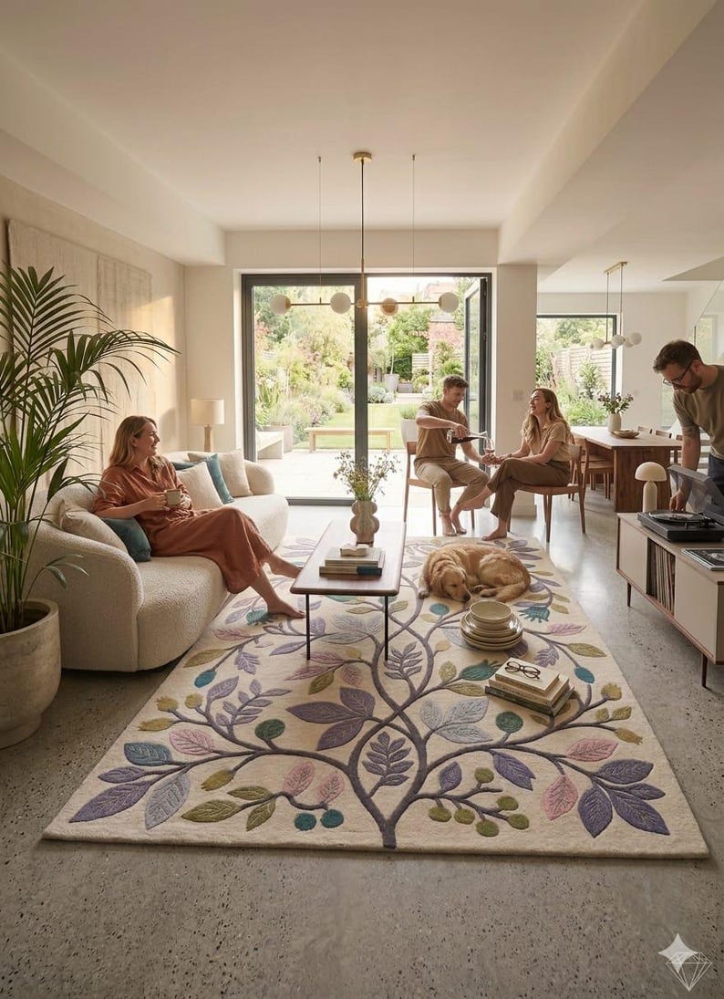Pastel Color Rug Hand-tufted Wool Botanical Rug, Pastel Leaf Vine Design, Custom Size ...