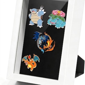 May include: A white rectangular shadow box frame containing four colorful enamel pins featuring various creatures. The pins depict a blue turtle-like figure, a teal plant-based creature, a dual-colored dragon-like design, and an orange winged dragon.