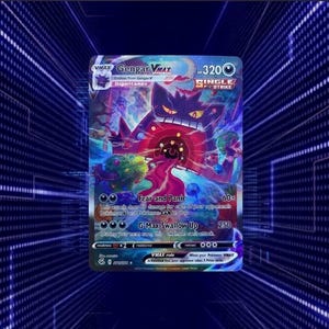 May include: A Gengar VMAX trading card featuring a purple, ghost-like creature with a wide mouth, glowing eyes, and a dark, swirling background. The card displays the text Gengar VMAX, 320 HP, Single Strike, Fear and Panic, and G-Max Swallow Up.