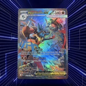 May include: A holographic Mega Lucario EX trading card with 340 HP, featuring a dynamic illustration of the blue and black character in a combat stance. The card displays the attacks Aura Jab and Mega Brave, along with detailed game text and symbols.