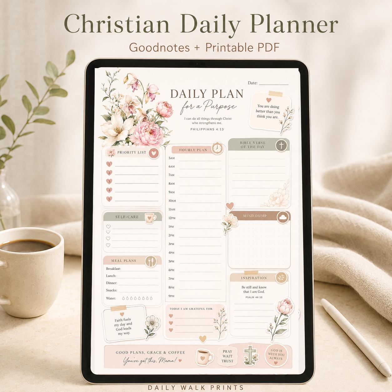 Christian Daily Planner Printable PDF, Undated Goodnotes Template for Moms, Faith-Based Digital Download