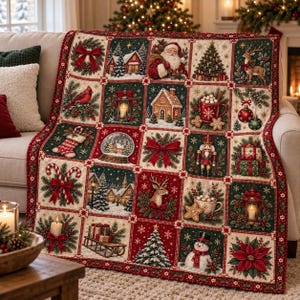 Könnte beinhalten: Eine rechteckige Weihnachtsdecke mit einem Raster aus Quadraten, die Illustrationen von Weihnachtsmann, Rentieren, Schneemann, Nussknacker, Lebkuchenhäusern, Zuckerstangen, Weihnachtssternen, Laternen und Geschenken in Rot, Grün und Creme zeigen.
