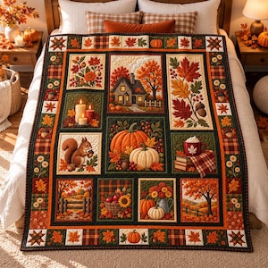 May include: A rectangular quilt featuring a patchwork design with autumn-themed illustrations including a cottage, pumpkins, a squirrel, candles, and fall foliage in shades of orange, red, brown, and green, bordered by a plaid pattern and leaf motifs.