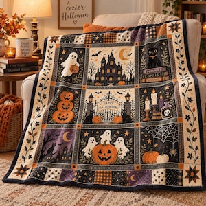 Op de afbeelding: Een rechthoekige quilt met een raster van Halloween-illustraties, waaronder een spookhuis, geesten, pompoenen, zwarte katten en een hek met de tekst Happy Halloween. Het ontwerp bevat donkere kleuren, sterren en ranken.