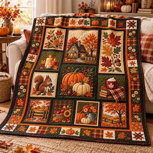 May include: A patchwork quilt featuring autumn-themed illustrations including a cottage, pumpkins, a squirrel, fall foliage, candles, and a mug of hot cocoa. The quilt is bordered by a plaid pattern with small squares of leaves and stars.