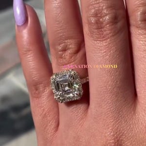 Asscher Cut Moissanite Halo Engagement Ring, Pave Band Wedding Ring Anniversary Gift,Unique Ring for Women