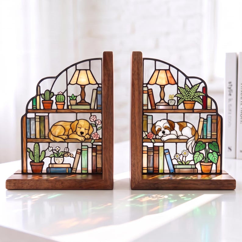 Puede incluir: Un par de sujetalibros de madera con inserciones de vidrieras. Cada pieza representa una estanter&iacute;a de varios niveles con un perro durmiendo, plantas en macetas, libros y una l&aacute;mpara. El lado izquierdo muestra un perro dorado y el derecho uno marr&oacute;n y blanco.