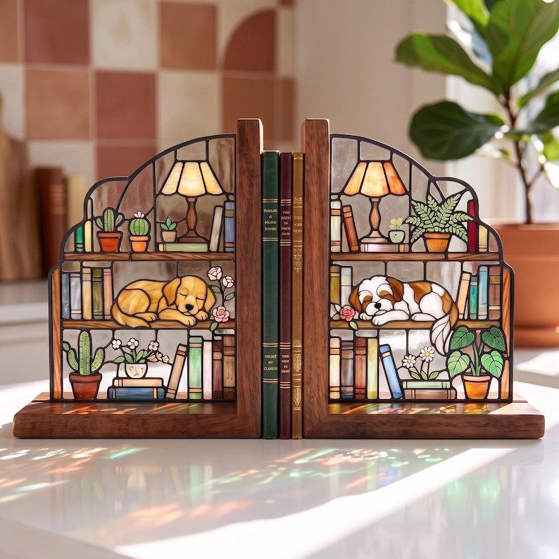 Puede incluir: Un par de sujetalibros de madera con paneles de vidrieras que representan estantes llenos de libros, plantas en macetas, l&aacute;mparas y perros durmiendo. El panel izquierdo muestra un perro dorado y el derecho un perro marr&oacute;n y blanco.