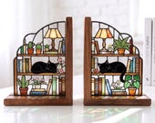 Custom Cat Bookends Stained Glass Personalized Cat Couple Flowers Mortise Wooden Book Holder Bookish Gift
