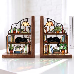 Fermalibri personalizzati per gatti in vetro colorato, coppia di gatti con fiori, supporto in legno con incastro, regalo per appassionati di libri