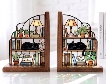 Sujetalibros personalizados de gatos, vidrieras, pareja de gatos, flores, soporte de madera para libros, regalo para amantes de los libros