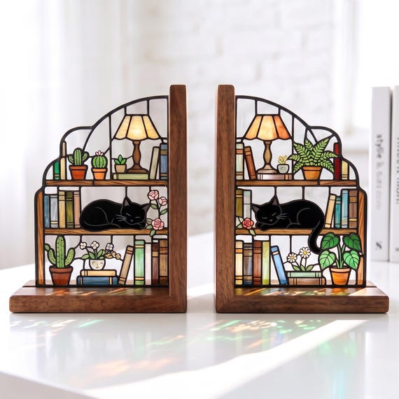 Custom Cat Bookends Stained Glass Personalized Cat Couple Flowers Mortise Wooden Book Holder Bookish Gift