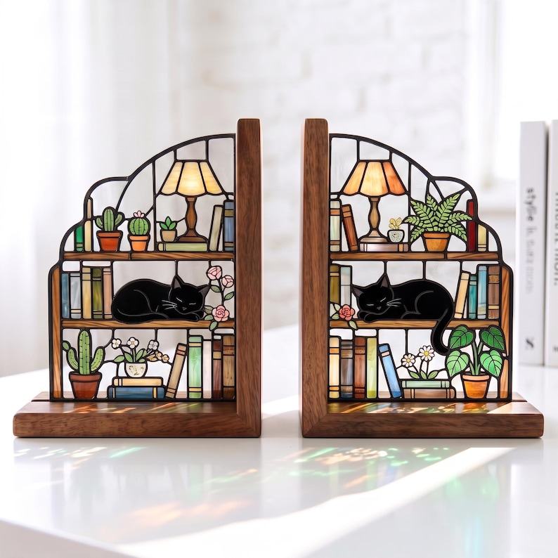 Puede incluir: Un par de sujetalibros de madera con un dise&ntilde;o de vidrieras que muestra estantes llenos de libros, cactus en macetas, plantas peque&ntilde;as, una l&aacute;mpara encendida y un gato negro durmiendo. Los marcos de madera oscura sostienen los paneles de vidrio.