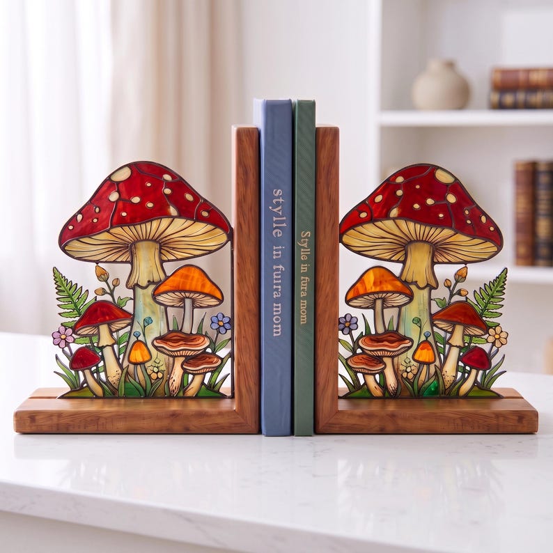 Mushroom Snail Bookends Stained Glass Handmade Mortise Wooden Book ...
