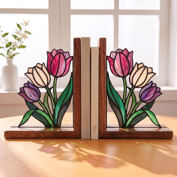 Elegantes sujetalibros florales de tulipán, vidrieras personalizadas, soporte de madera hecho a mano con engaste de embutir, regalo para amantes de los libros.