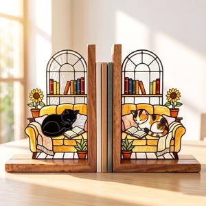 May include: A pair of wooden bookends featuring stained glass-style inserts. Each insert depicts a cat sleeping on a yellow sofa in front of a window with a bookshelf above. One cat is black, the other is calico, and both scenes include sunflowers.