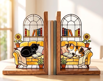 Custom Cat Bookends Stained Glass Personalized Cat Couple Flowers Mortise Wooden Book Holder Bookish Gift