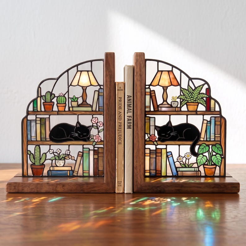Puede incluir: Un par de sujetalibros de madera con un dise&ntilde;o de vidrieras que muestra estantes llenos de libros, plantas en macetas y un gato negro durmiendo. Cada lado incluye una l&aacute;mpara en miniatura iluminada. Dos libros, Pride and Prejudice y Animal Farm, se encuentran entre los sujetalibros.