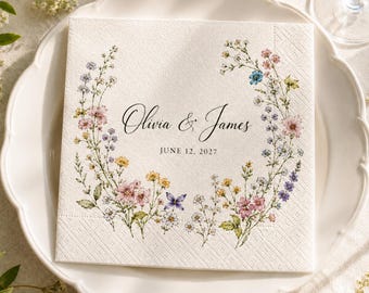 Servilletas de boda personalizadas con flores silvestres, servilletas de cóctel personalizadas con nombre y fecha.