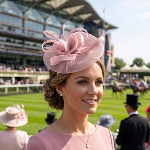 Pretty pale/baby pink mesh rounded fascinator with rose and layered detail, comes with interchangeable headband and clip