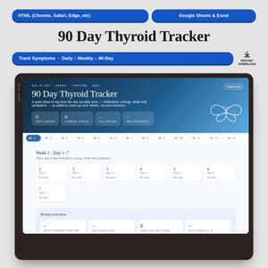 May include: A digital 90 Day Thyroid Tracker interface displayed on a screen. The layout features a blue gradient header with a butterfly icon, sections for logging daily symptoms, energy, and medication, plus a 90-day overview and weekly tabs.