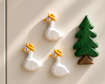 Hand Carved Goose & Pine Tree Fridge Magnets, Wooden Goose Magnet Set, Cottagecore Kitchen Decor, Whimsical Handmade Gift