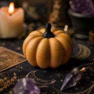 May include: A small, round, light brown wooden pumpkin figurine with a dark, textured, black stem. The pumpkin features distinct vertical ridges and a smooth, matte finish, centred as the primary object in the composition.