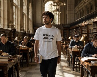 Può includere: Una t-shirt bianca a maniche corte con il testo nero "JESUS IS MUSLIM." e il testo più piccolo "All of the prophets are" stampato sul petto. La t-shirt è indossata con pantaloni scuri e un orologio da polso in una biblioteca.